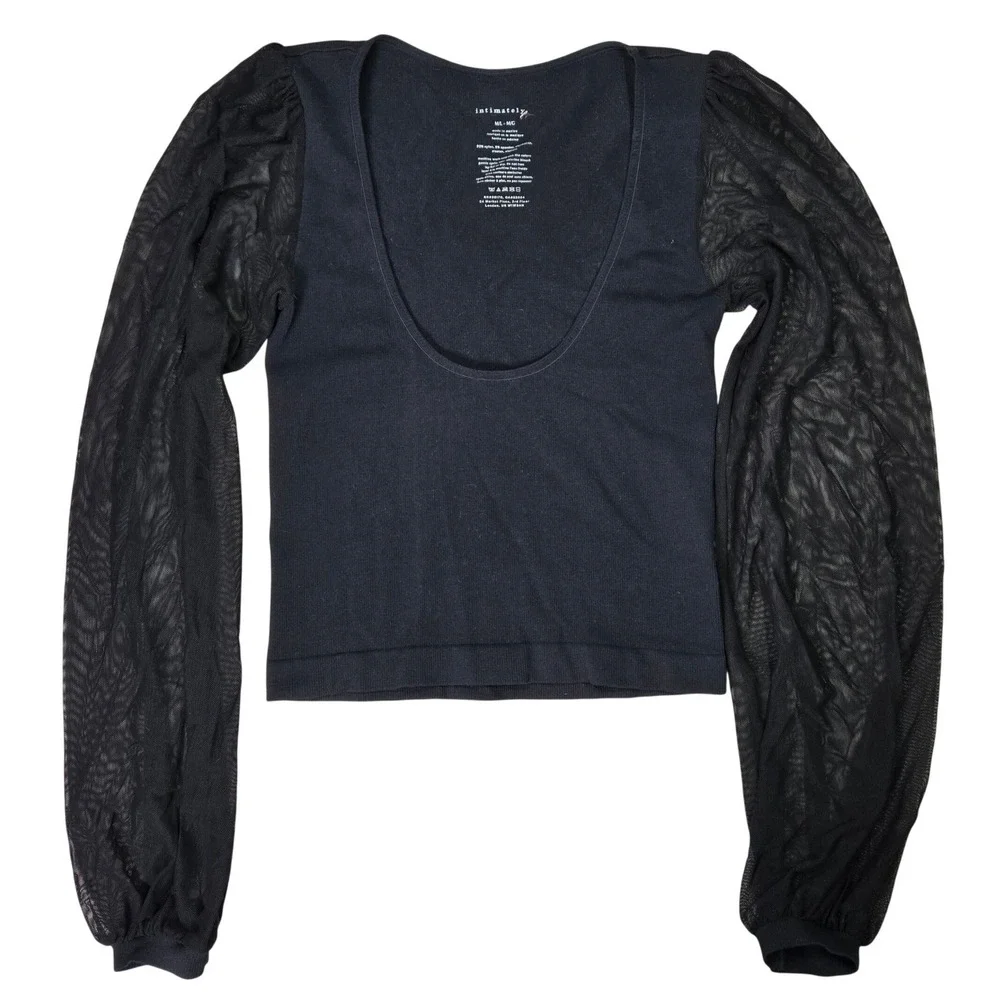 Free People Intimately Lost In Love Seamless Top Black Mesh Puff Sleeve M/L